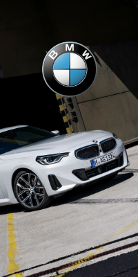 A white luxury sedan with the BMW logo overlayed.