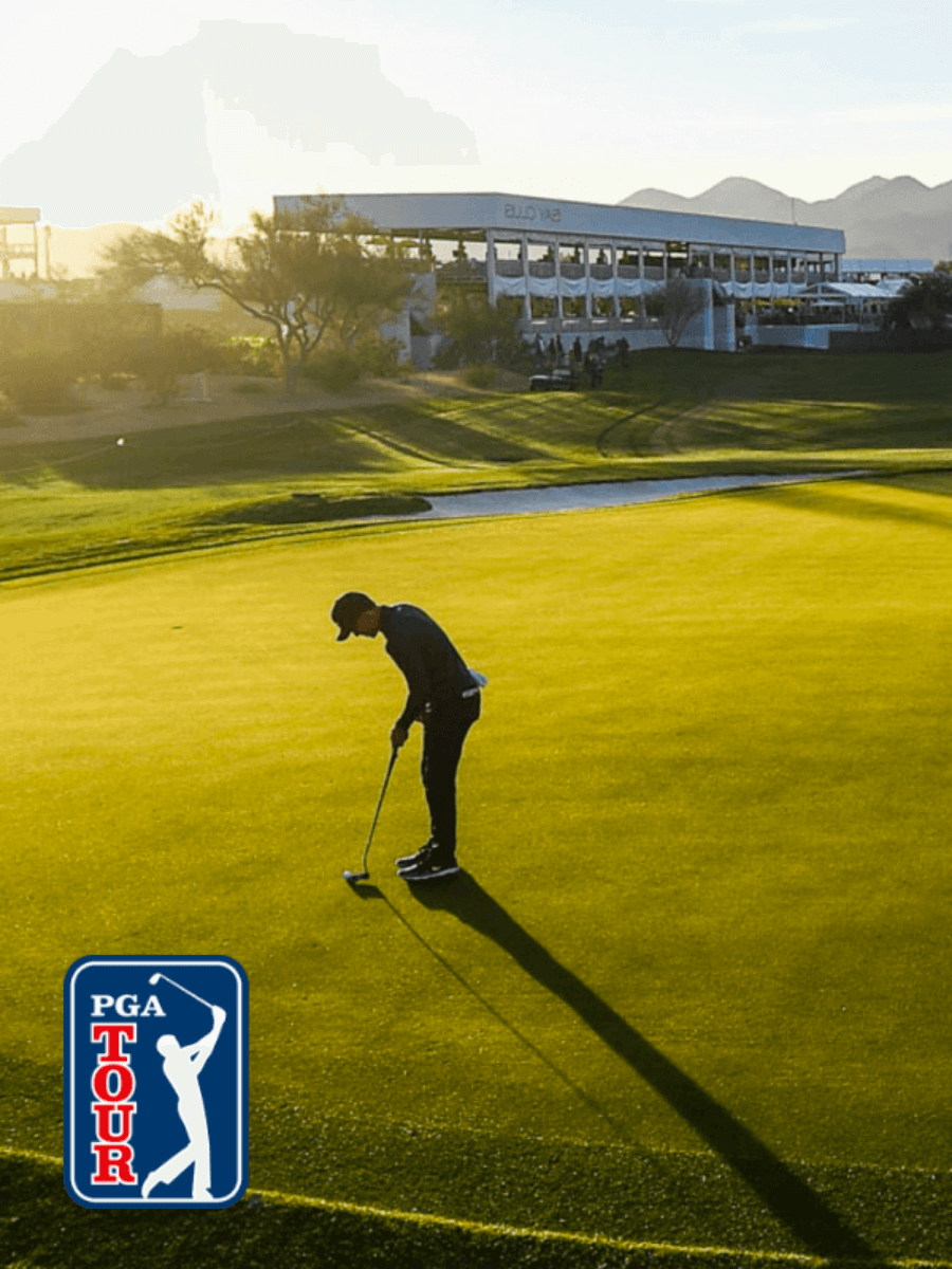 A silhouetted golfer preparing to putt with the PGA Tour logo overlayed.